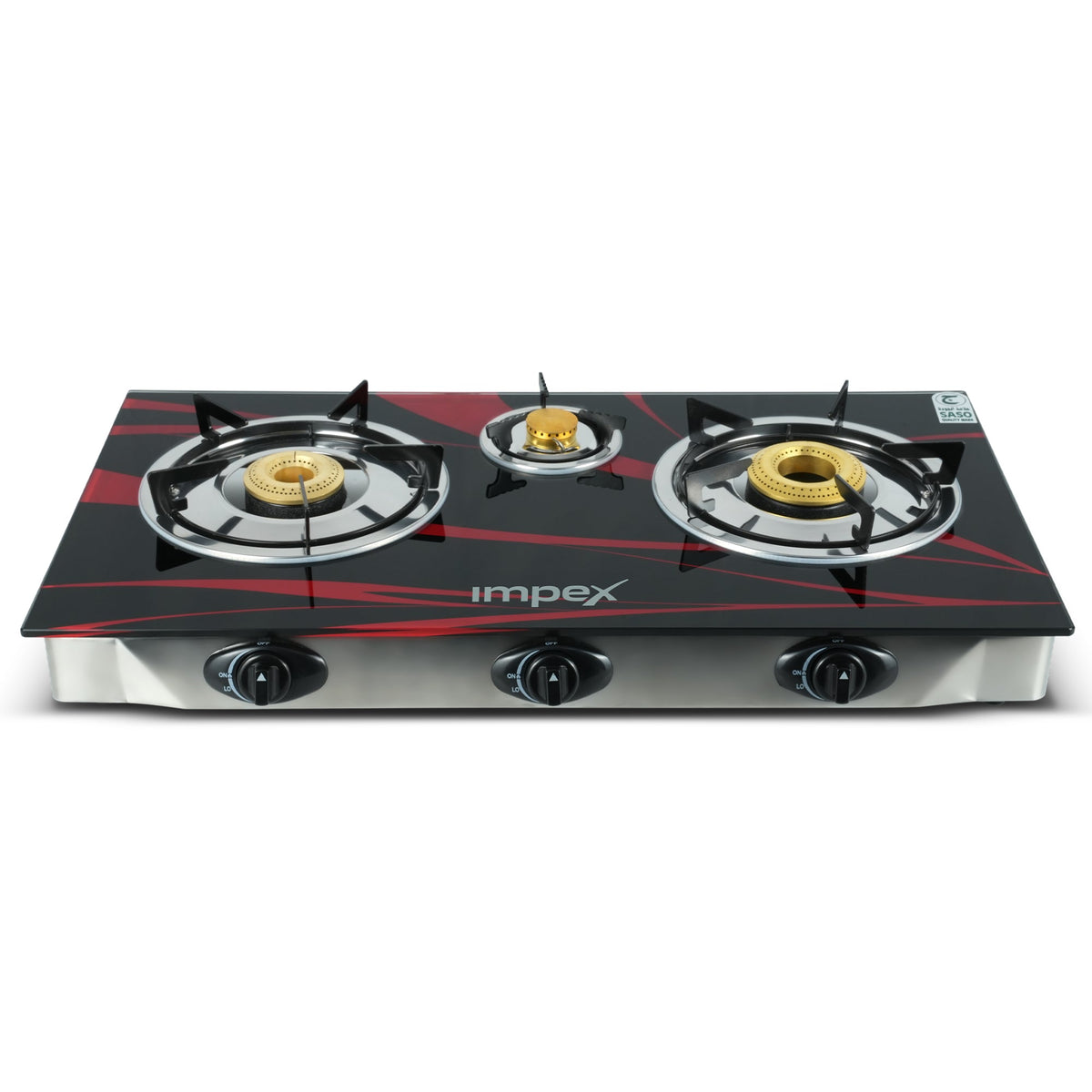 A three-burner gas stove with a glossy black glass front, accented with red graphic lines and gold burner caps. The brand name 'implex' is printed in white on the front.