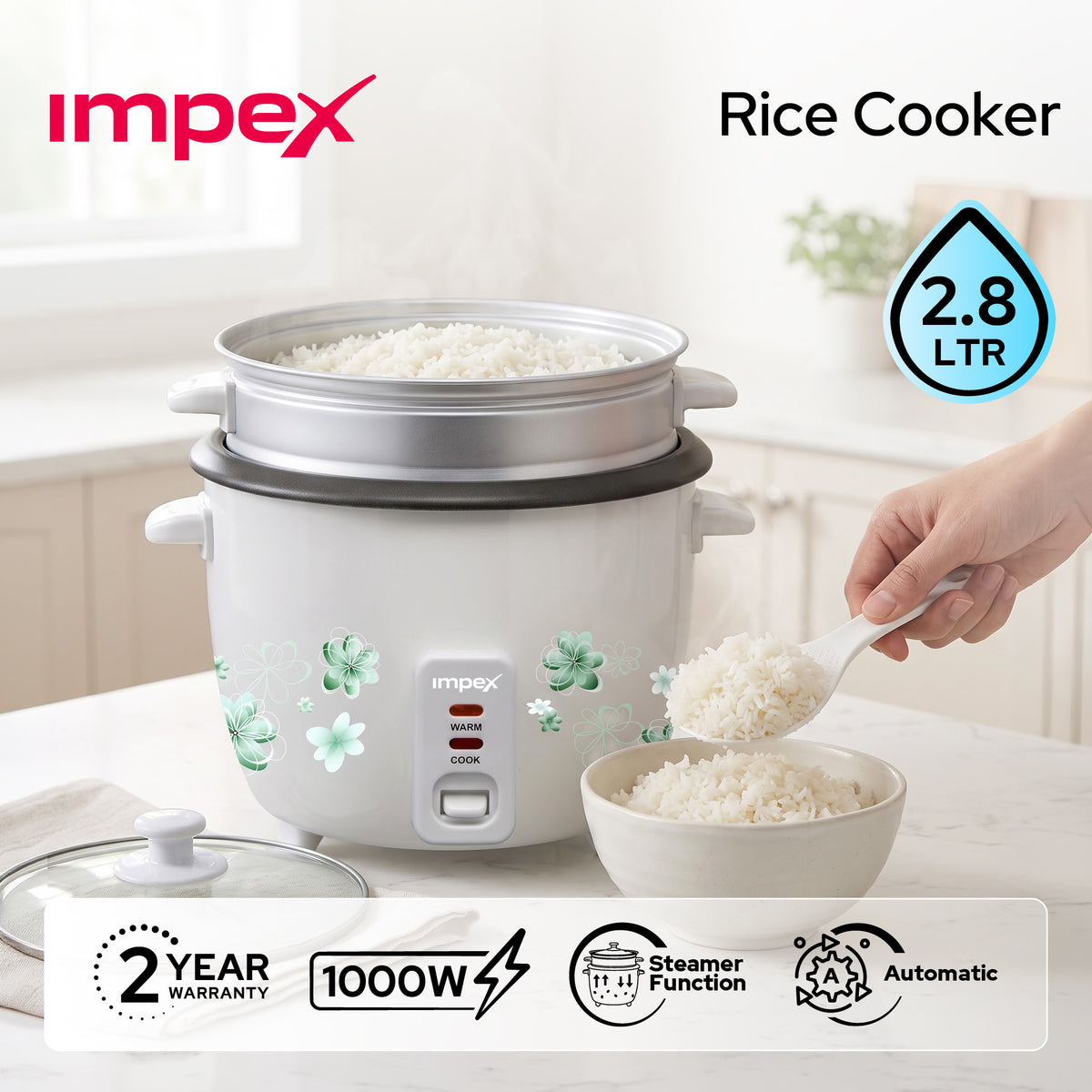 Impex RC2804 – 2.8 Litre 1000W Drum Rice Cooker with Steamer
