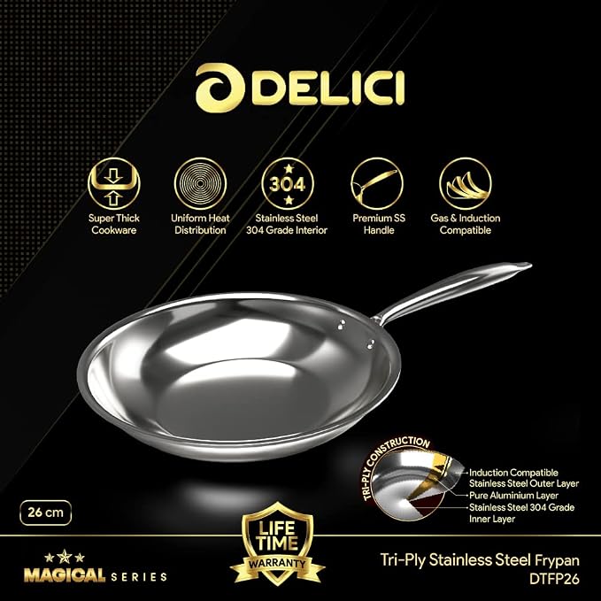 Delici DTFP26 Magical 26 cm Tri-Ply Stainless Steel Fry Pan
