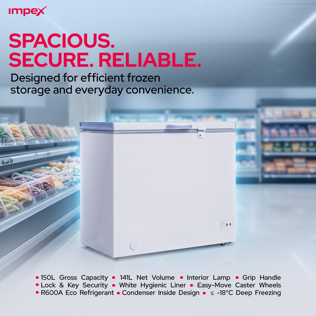 إمبكس IMCF150W – فريزر صندوقي بسعة 150 لتر مع قفل وعجلات دوارة ومصباح داخلي