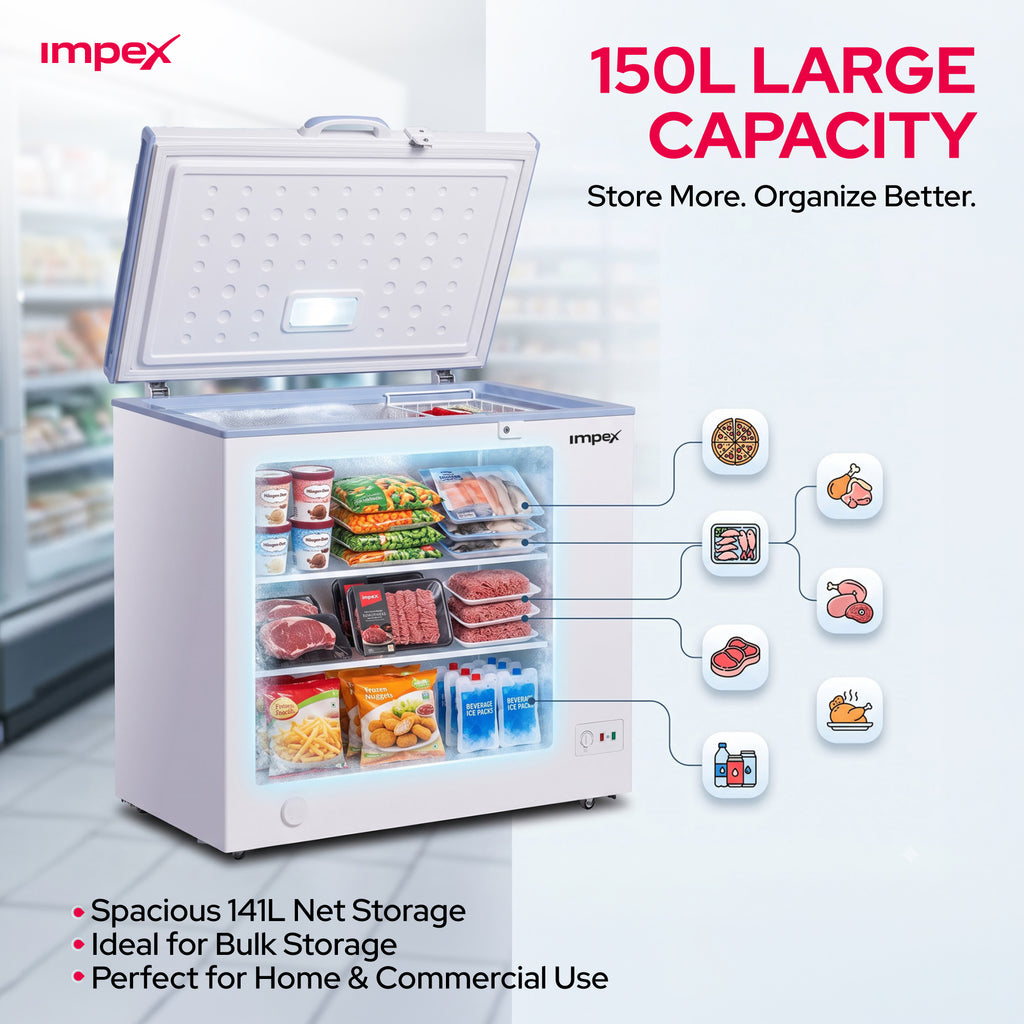 Impex IMCF150W – 150L Chest Freezer with Lock, Castor Wheels & Interior Lamp