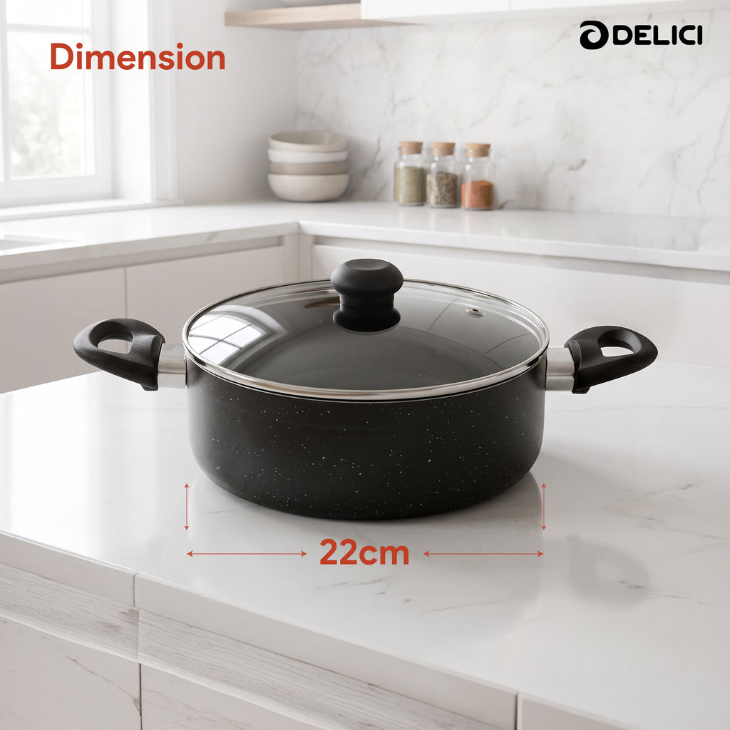 Delici Granite Gray Nonstick Sauce Pan 22 cm – ASP22GE | PFOA-Free, Glass Lid