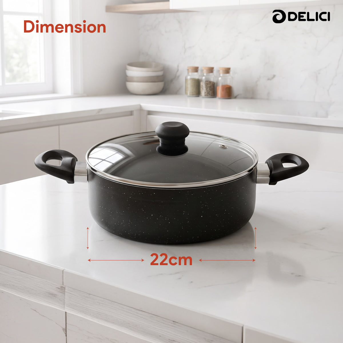 Delici Granite Gray Nonstick Sauce Pan 22 cm – ASP22GE | PFOA-Free, Glass Lid