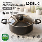 Delici Granite Gray Nonstick Sauce Pan 22 cm – ASP22GE | PFOA-Free, Glass Lid