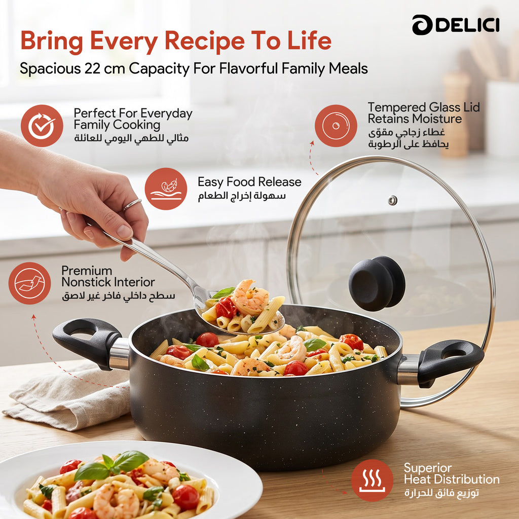 Delici Granite Gray Nonstick Sauce Pan 22 cm – ASP22GE | PFOA-Free, Glass Lid
