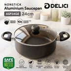 Delici Granite Gray Nonstick Sauce Pan 24 cm – ASP24GE | PFOA-Free, Glass Lid