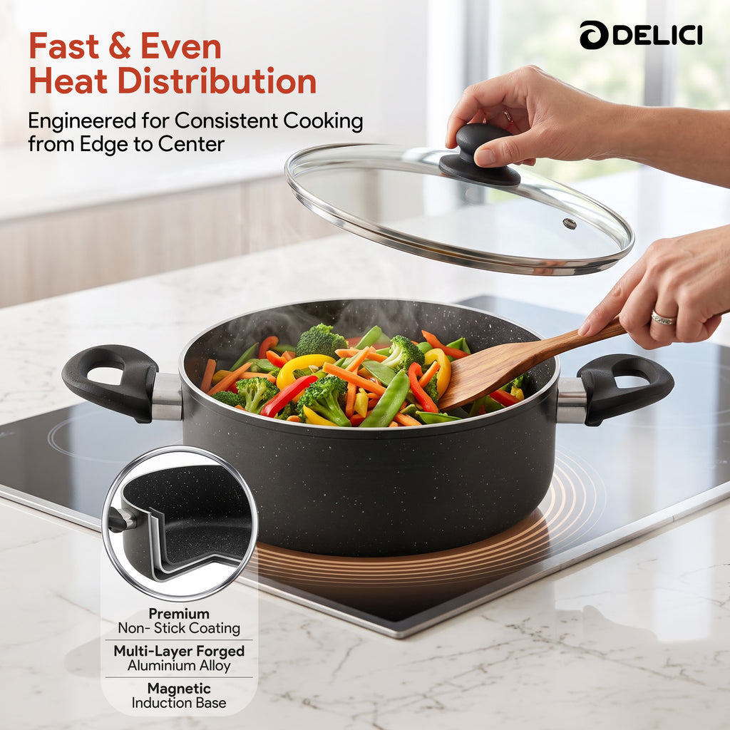 Delici Granite Gray Nonstick Sauce Pan 24 cm – ASP24GE | PFOA-Free, Glass Lid