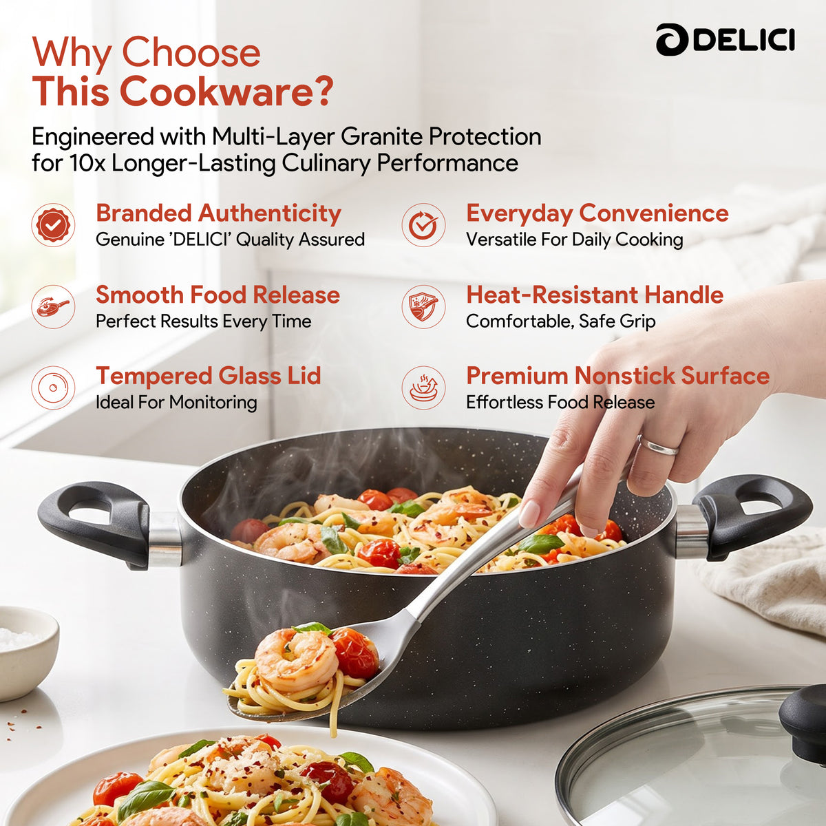 Delici Granite Gray Nonstick Sauce Pan 26 cm – ASP26GE | PFOA-Free, Glass Lid