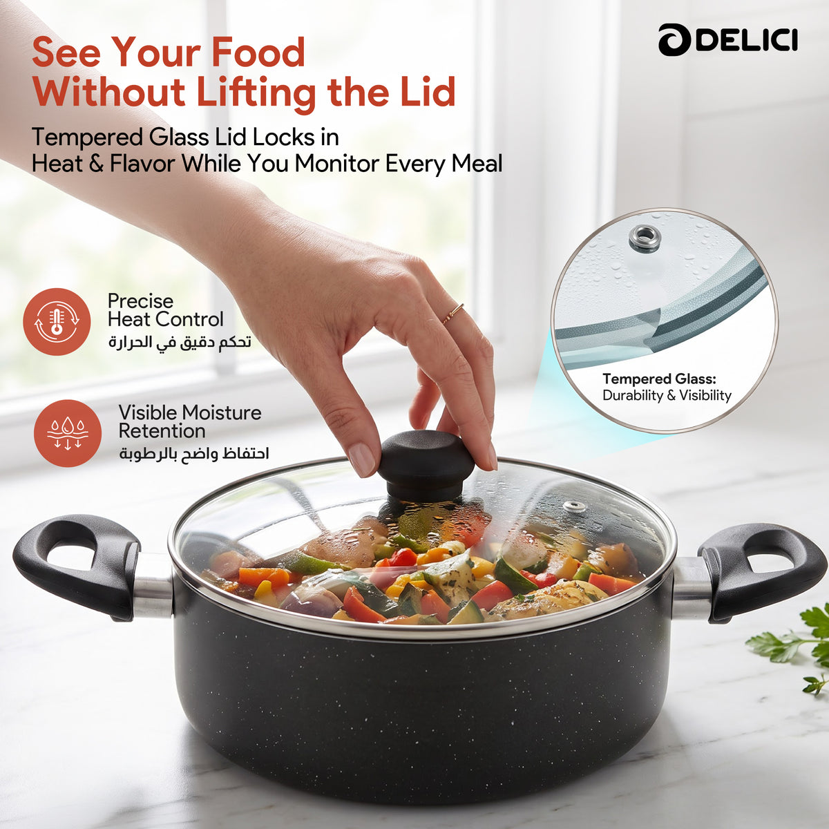 Delici Granite Gray Nonstick Sauce Pan 26 cm – ASP26GE | PFOA-Free, Glass Lid