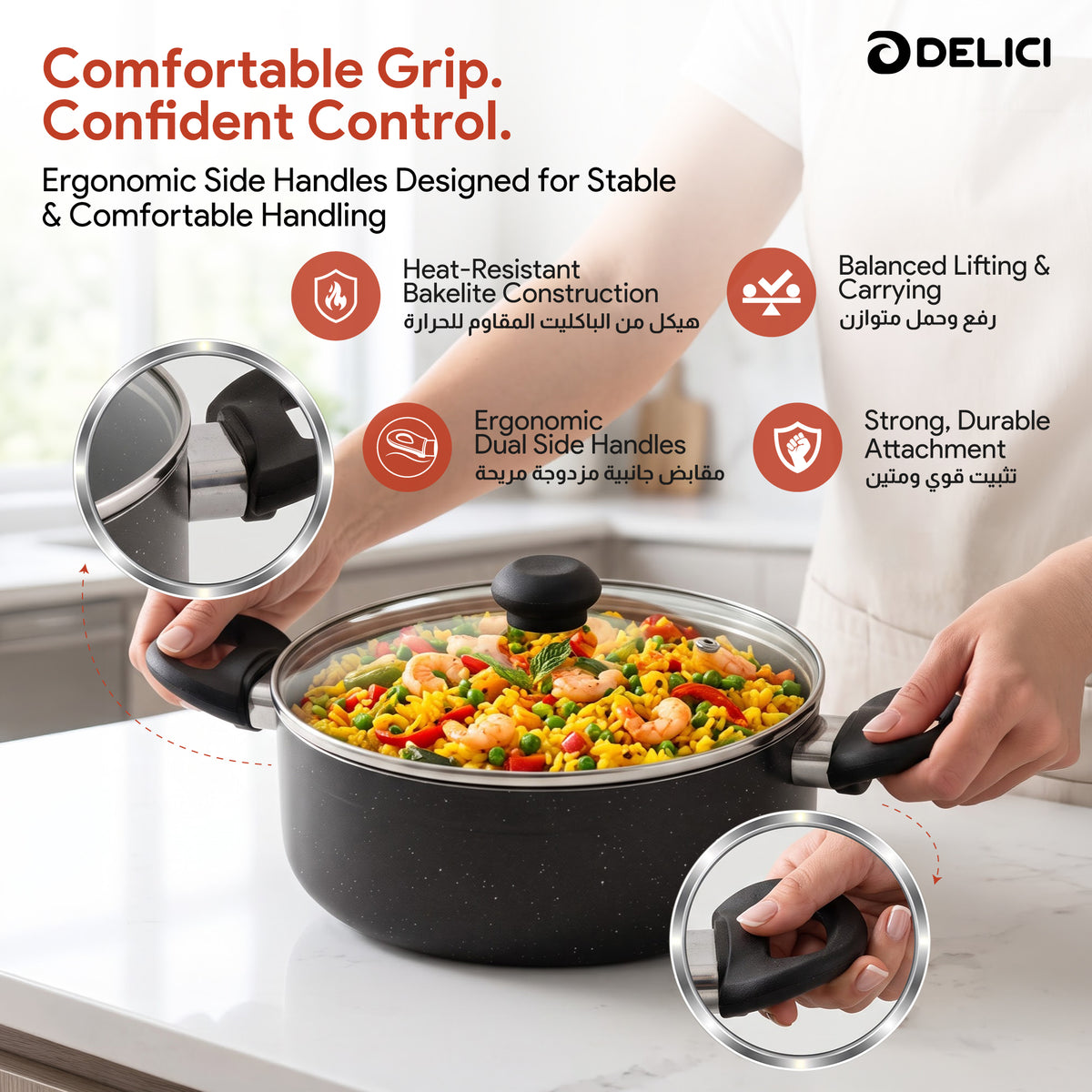 Delici Granite Gray Nonstick Sauce Pan 26 cm – ASP26GE | PFOA-Free, Glass Lid