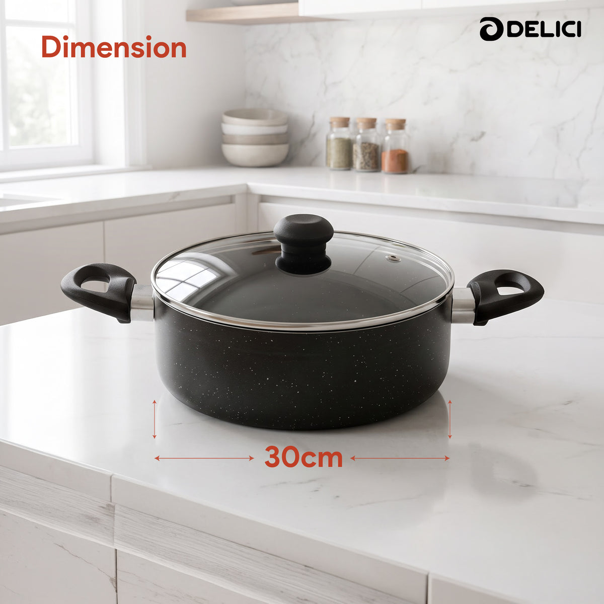 Delici Granite Gray Nonstick Sauce Pan 30 cm – ASP30GE | PFOA-Free, Glass Lid