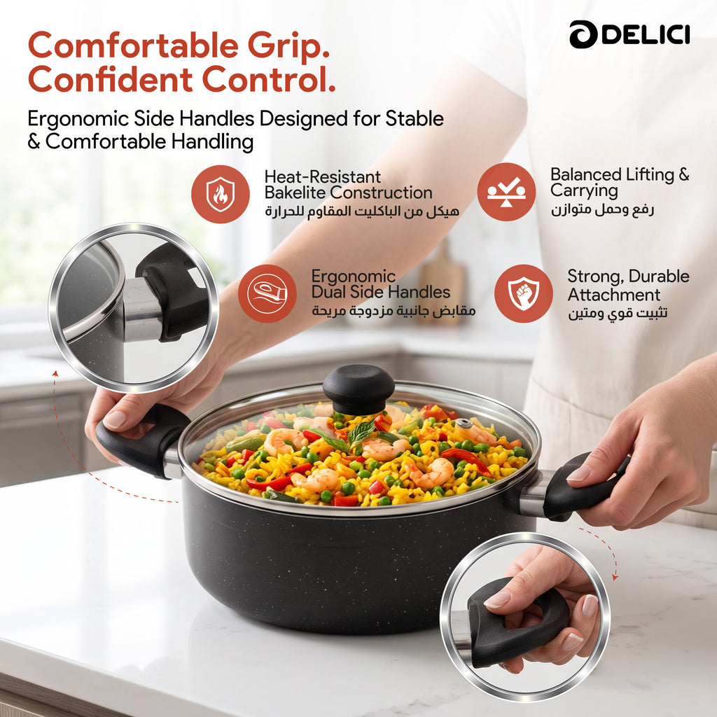 Delici Granite Gray Nonstick Sauce Pan 30 cm – ASP30GE | PFOA-Free, Glass Lid