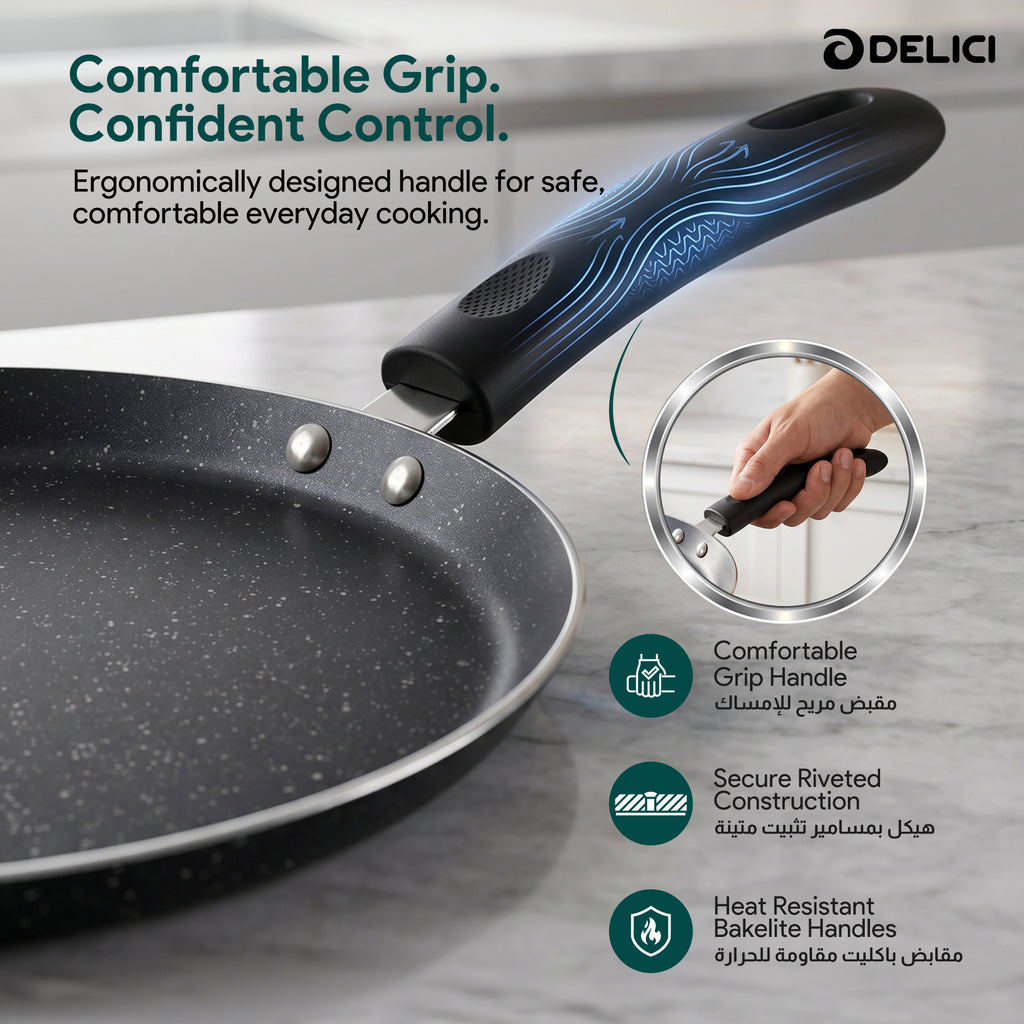 Delici Granite Gray Nonstick Tawa Pan 28 cm – ATP28GE | PFOA-Free, Dishwasher Safe
