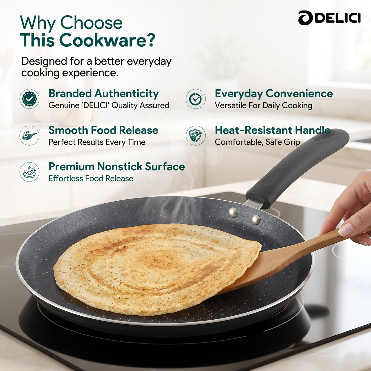 Delici Granite Gray Nonstick Tawa Pan 28 cm – ATP28GE | PFOA-Free, Dishwasher Safe