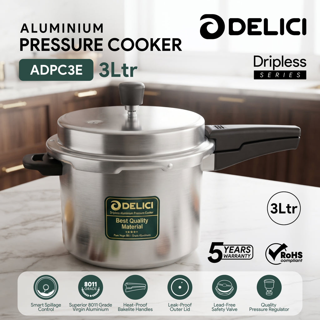 Delici Dripless 5 Litre NIB Aluminium Pressure Cooker – ADPC5E | Induction Compatible