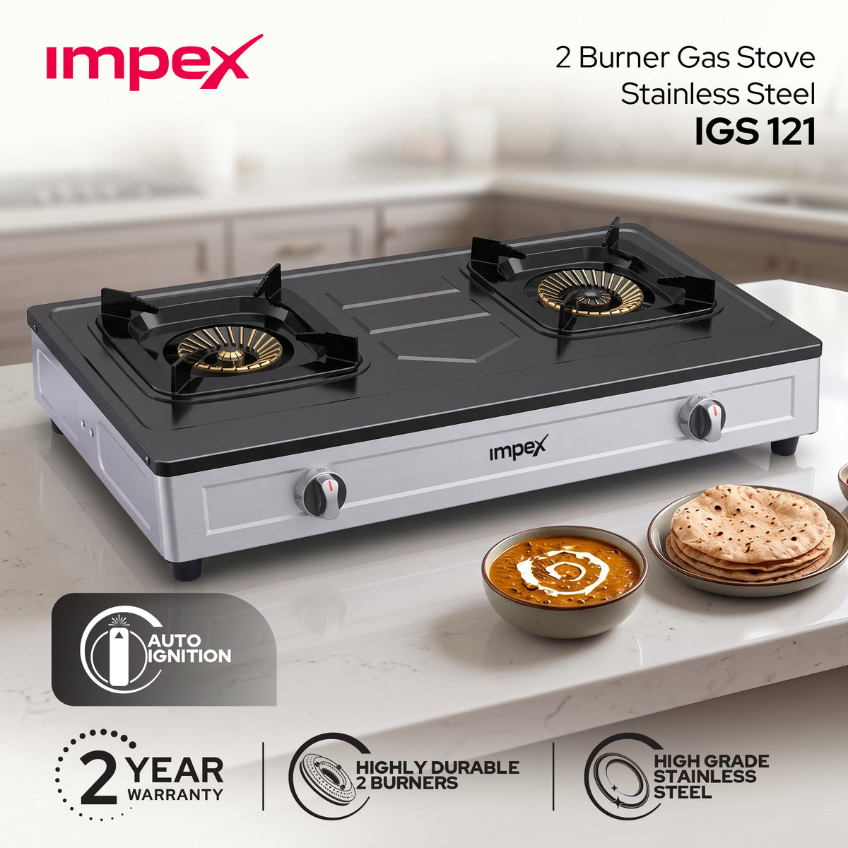 Impex 2-Burner LP Gas Stove Stainless Steel Heavy (IGS-121)