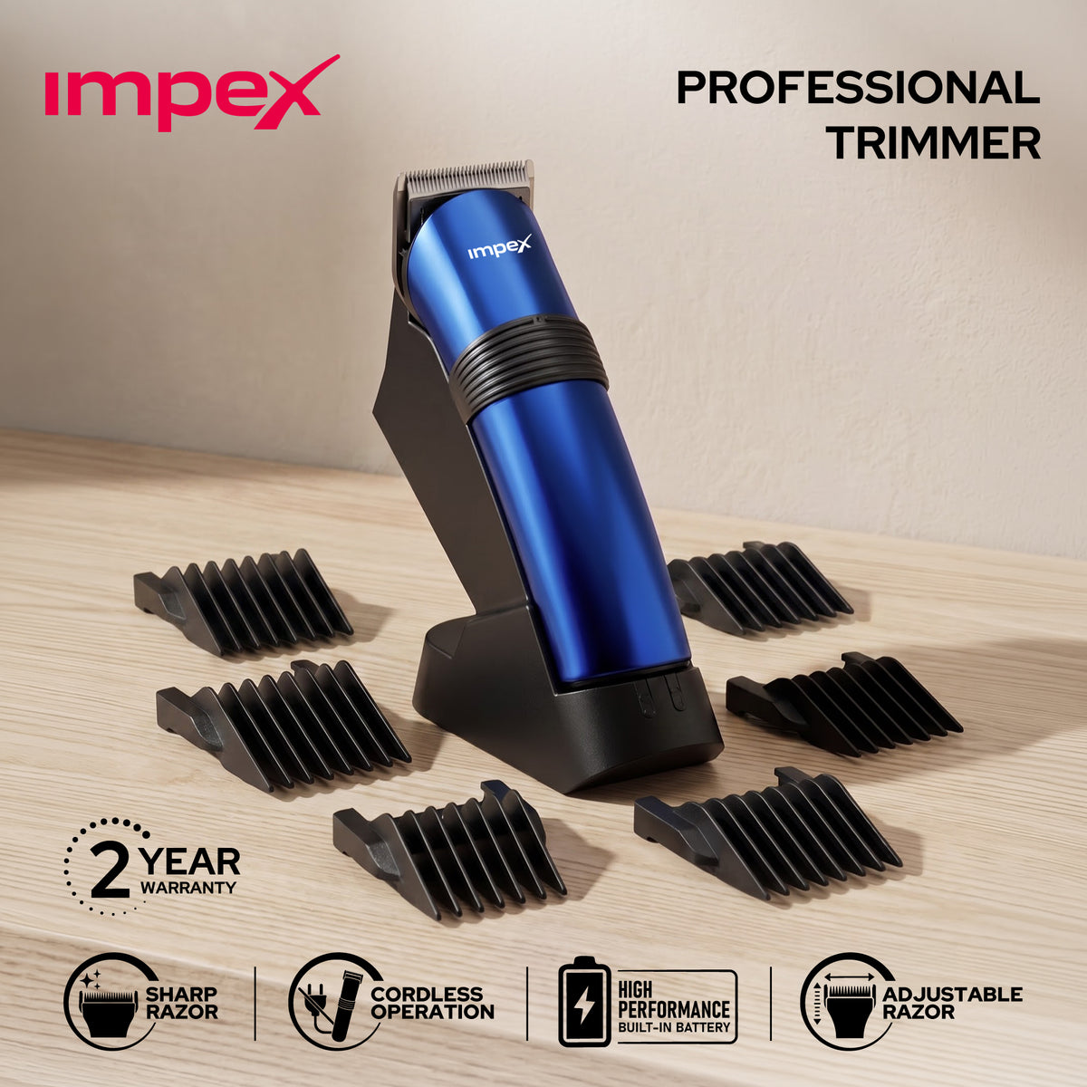 Impex IHC5 – Professional Cordless Hair Trimmer with Charging Stand