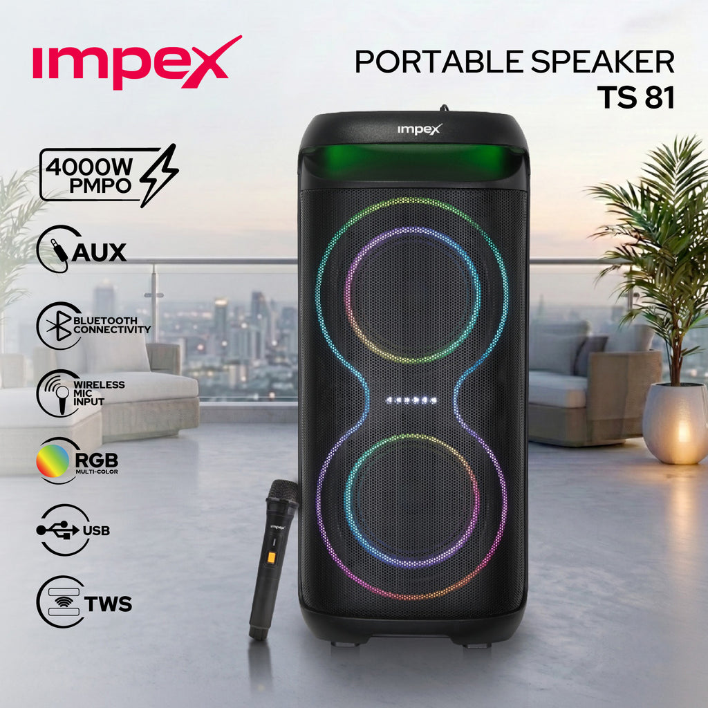 مكبر الصوت المحمول ترولي Impex TS81 | قوة 4000 واط PMPO | كاريوكي | ميكروفون لاسلكي