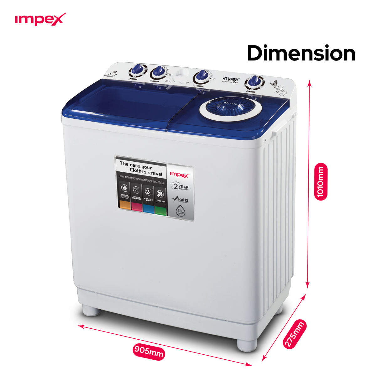Impex WM 4205 – 12 KG Semi-Automatic Washing Machine with Air Turbo Dry