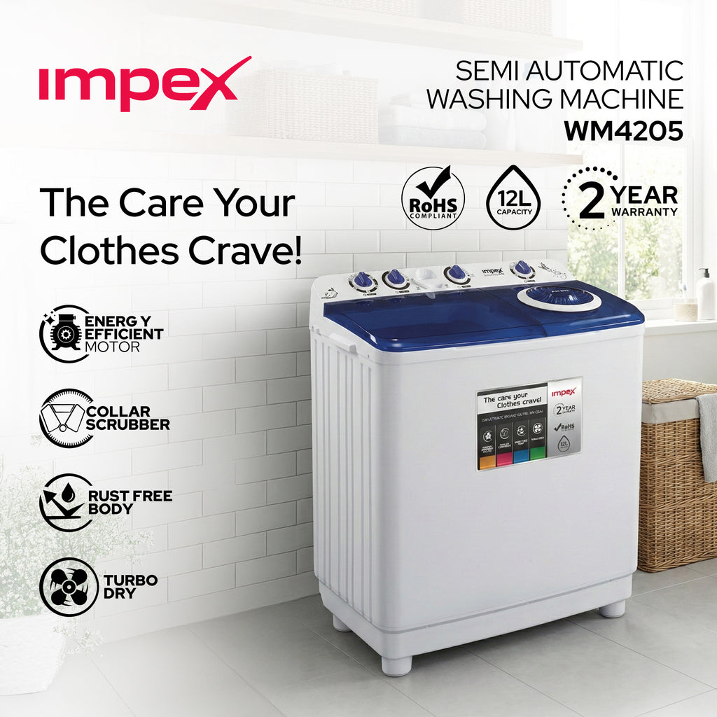 Impex WM 4205 – 12 KG Semi-Automatic Washing Machine with Air Turbo Dry