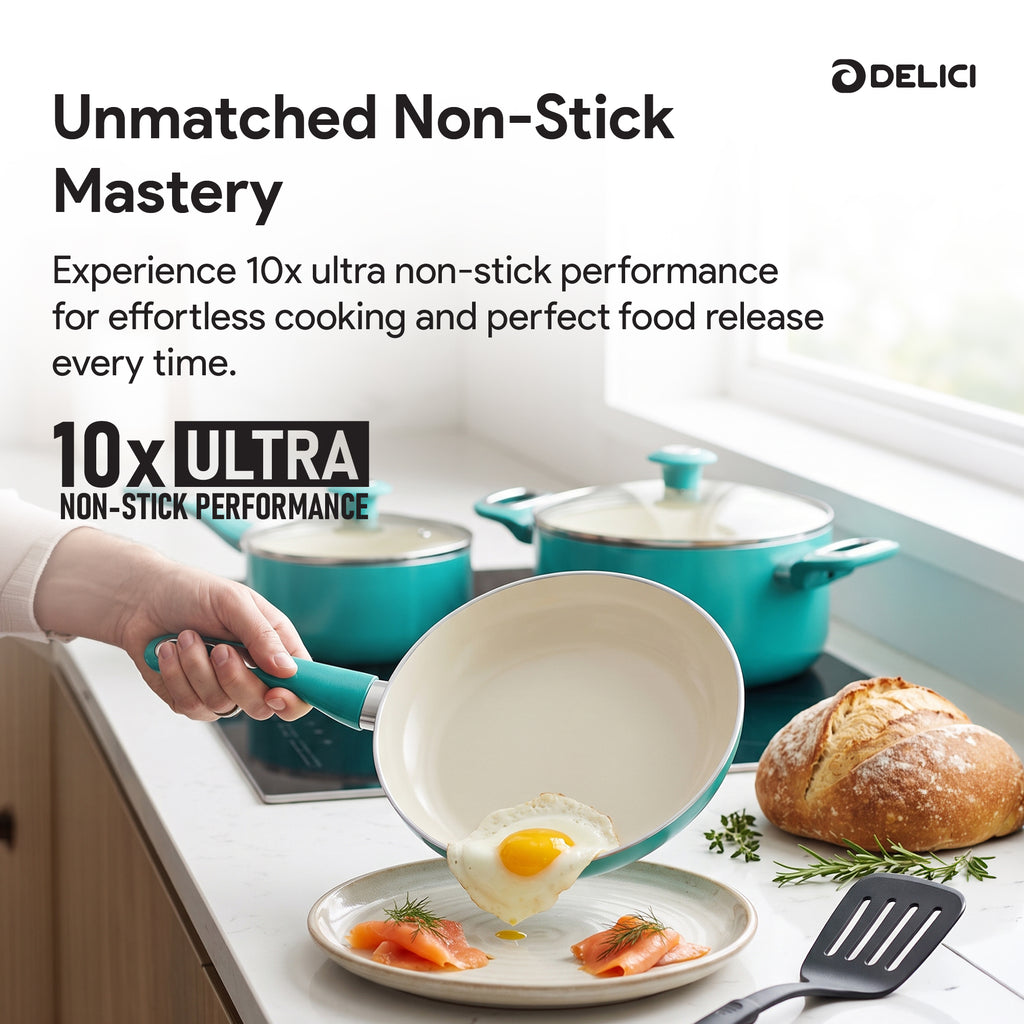 Delici 8-Piece Ceramic Nonstick Cookware Set Green NCC8TG | Made in India