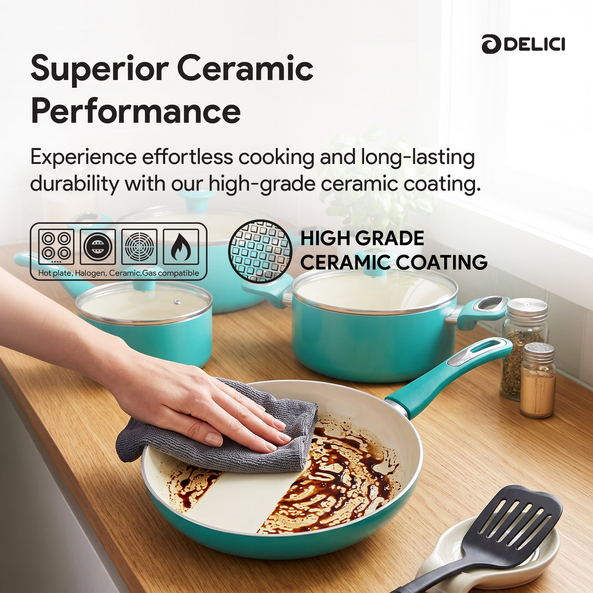 طقم أواني طهي سيراميك Delici Nonstick مانع للالتصاق 8 قطع، أخضر (NCC8TG)