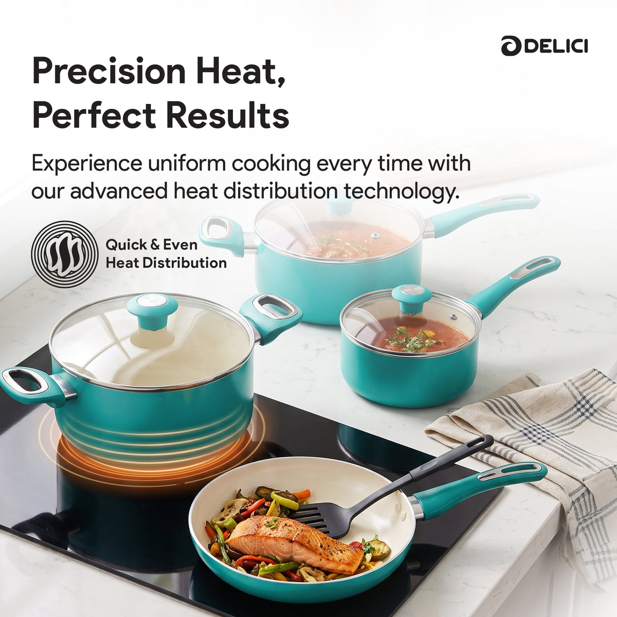 طقم أواني طهي سيراميك Delici Nonstick مانع للالتصاق 8 قطع، أخضر (NCC8TG)