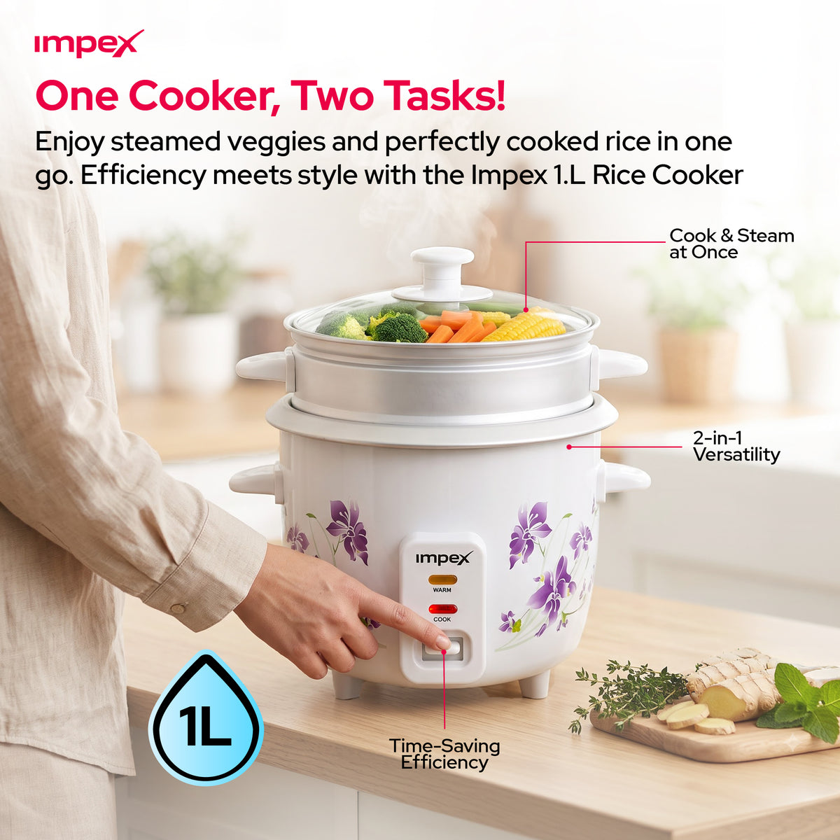 Impex RC2801 – 1 Litre 400W Electric Rice Cooker with Steamer Function