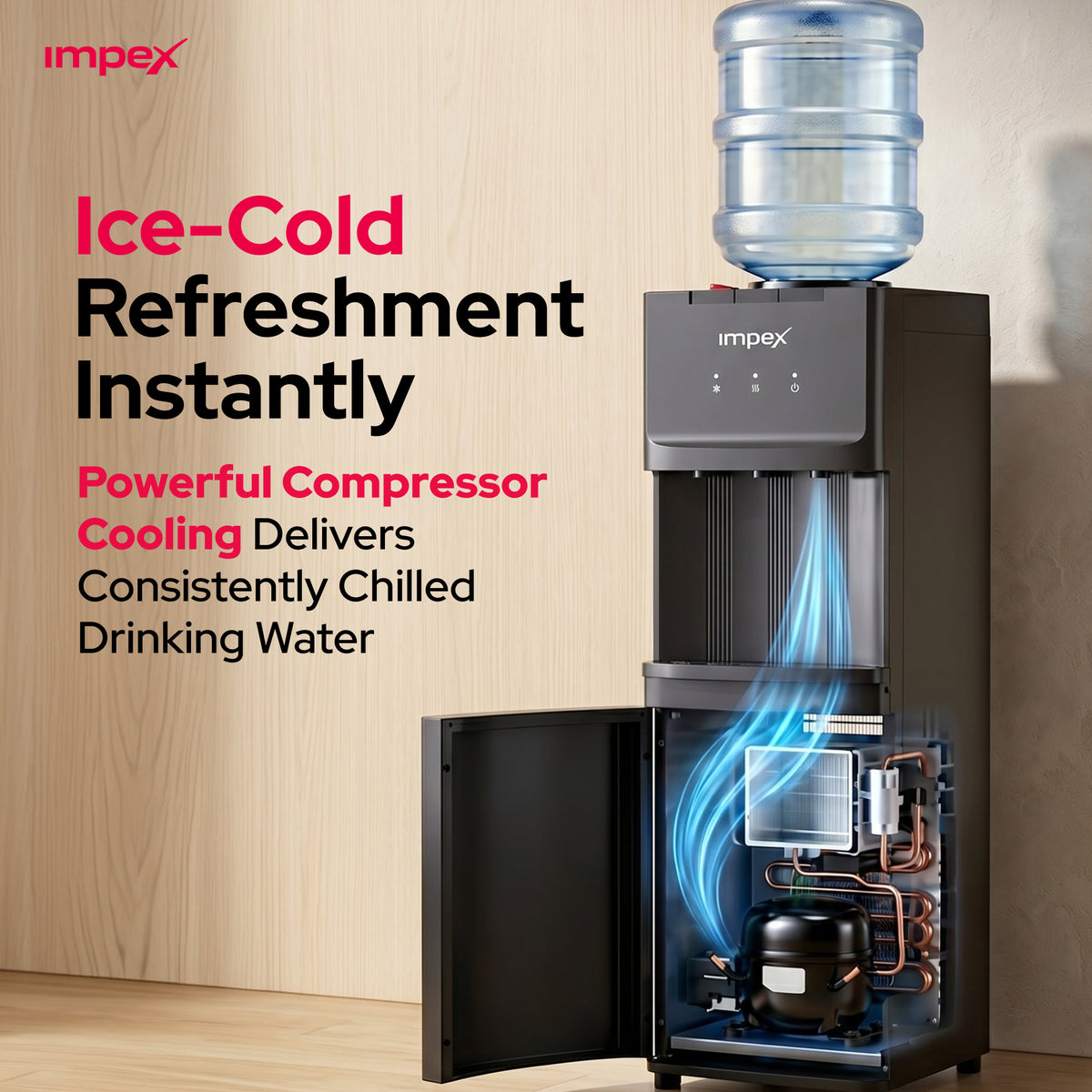 Impex WD3902C – موزع مياه ساخنة وباردة وعادية بـ 3 صنابير مع خزانة