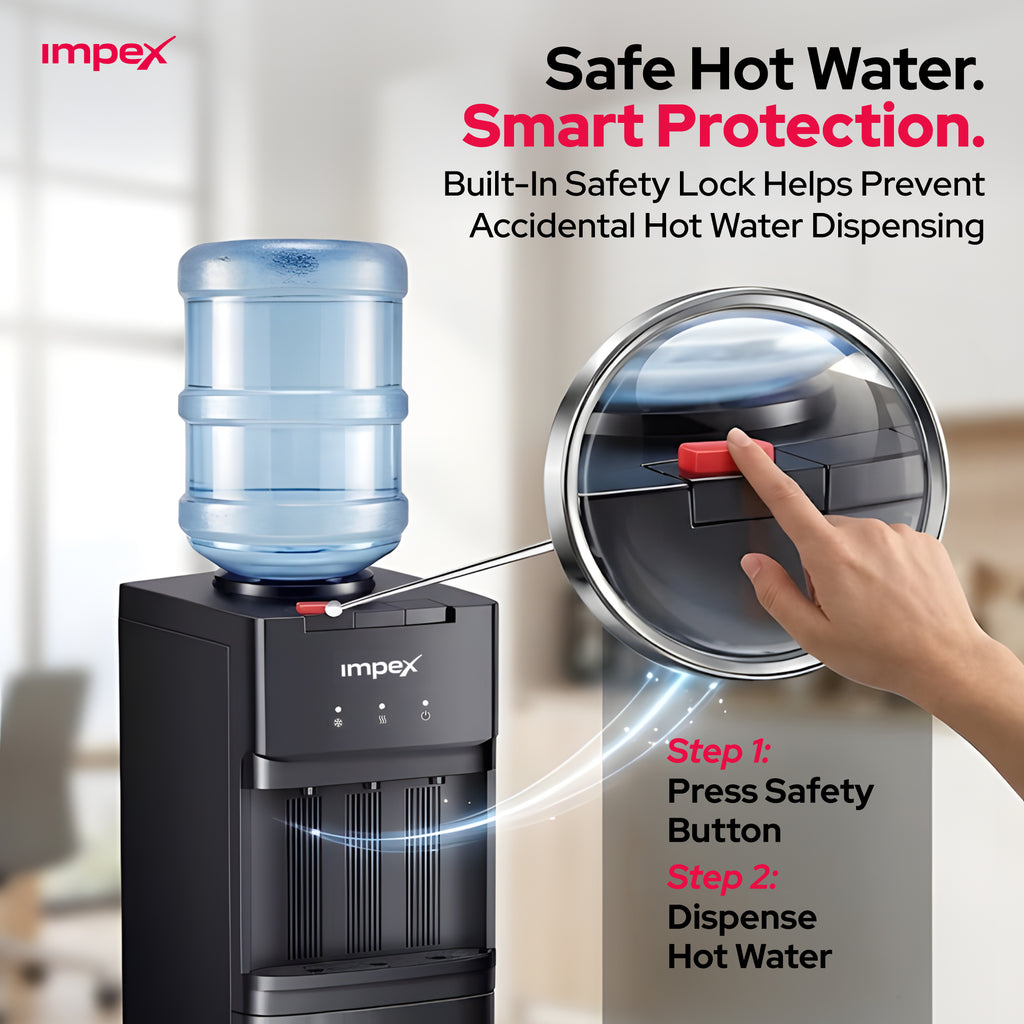Impex WD3902C – موزع مياه ساخنة وباردة وعادية بـ 3 صنابير مع خزانة