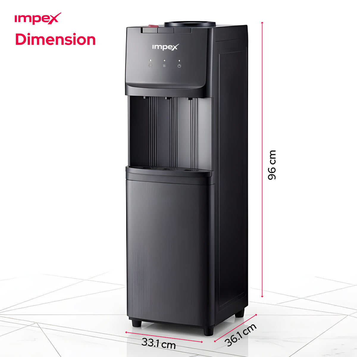 Impex WD3902C – موزع مياه ساخنة وباردة وعادية بـ 3 صنابير مع خزانة